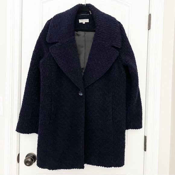 Calvin Klein Premium Wool Blend Bouclé Boyfriend Coat in Midnight Blue Size 6 - Picture 3 of 16